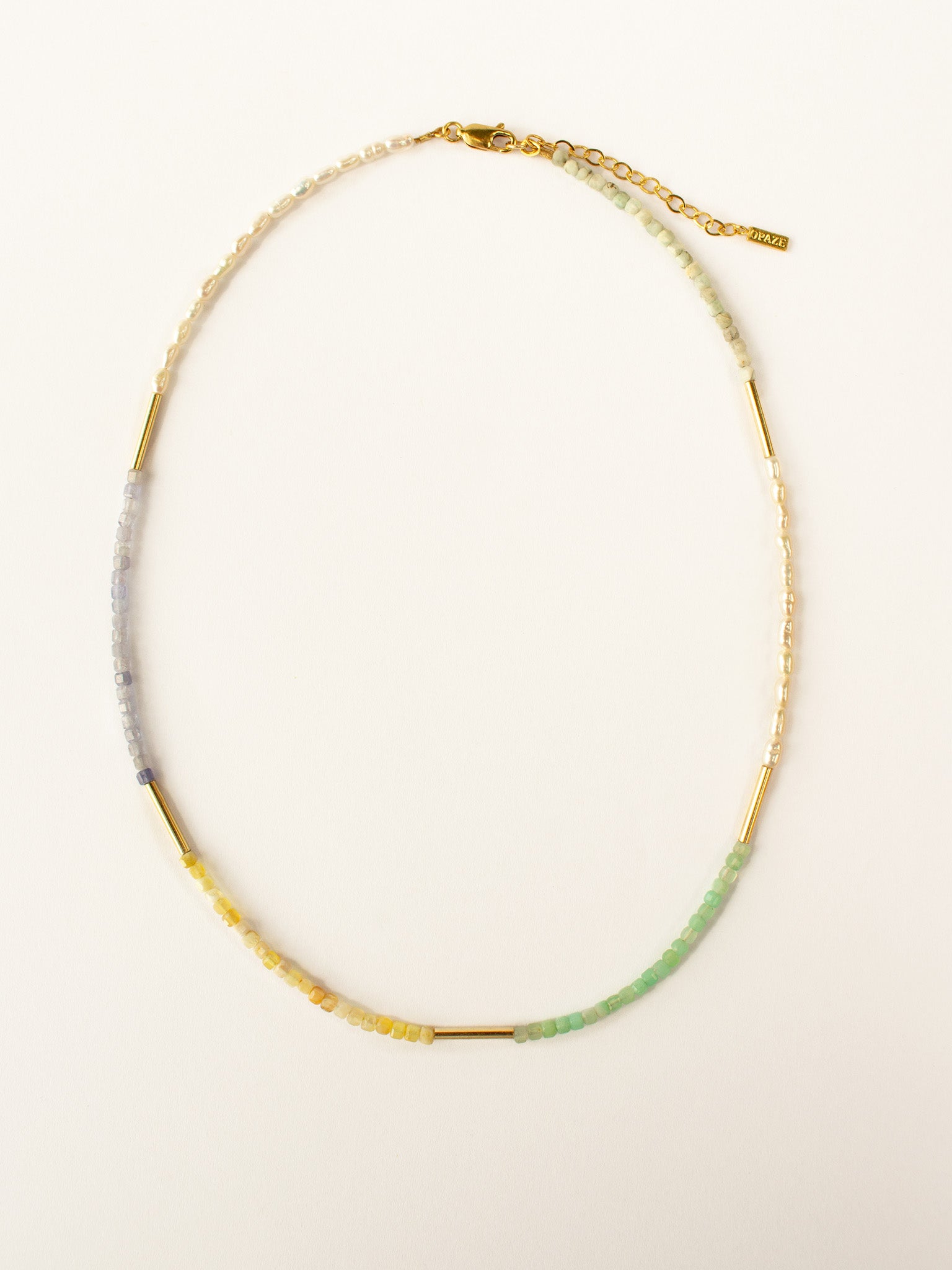 Collier ELARA - Chrysoprase, Opale jaune, Tanzanite, Larimar & Perles d’eau douce